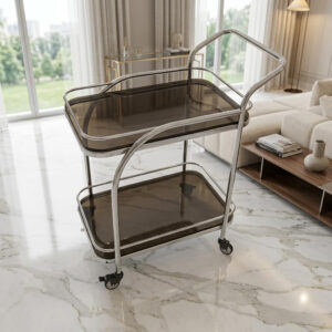 Serving Trolley with 10mm Brown Glass & Stainless Steel Frame - Heavy-Duty Lockable Wheels - Rolling Coffee Table, Kitchen Cart for Living Room, Dining, Restaurants