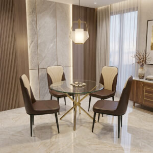 Round Glass Dining Table Set 4 Seater 36 Inch with 12 mm Toughened Glass Top Stainless Steel Grade 202 Base with 4 Chairs for Dining Room Cafe (Golden Frame, Metal Cushioned Chairs)