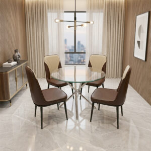 Round Glass Dining Table Set 4 Seater 36 Inch with 12 mm Toughened Glass Top Stainless Steel Grade 202 Base with 4 Chairs for Dining Room Cafe (Brown Cushioned Metal Chairs)