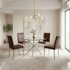 Stainless Steel Folding Dining Table with 3 Feet Round Toughened Glass Top and 4 Stackable Chairs