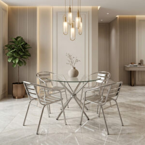 Round Glass Dining Table Set 4 Seater 36 Inch with 12 mm Toughened Glass Top Stainless Steel Grade 202 Base with 4 Stackable Chairs for Dining Room Cafe (Full Steel Chairs)