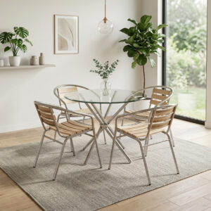 Round Glass Dining Table Set 4 Seater 36 Inch with 12 mm Toughened Glass Top Stainless Steel Grade 202 Base with 4 Stackable Chairs for Dining Room Cafe (Steel with Wooden Strip Chairs)