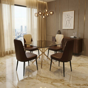 Dining Table Set 4 Seater 36 Inch with 12 mm Glass Top Stainless Steel Grade 202 Base with 4 Chairs for Dining Room Cafe (Brown Square Glass, Golden Frame)