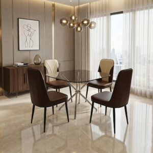 Dining Table Set 4 Seater 36 Inch with 12 mm Glass Top Stainless Steel Grade 202 Base with 4 Chairs for Dining Room Cafe (Brown Square Glass)